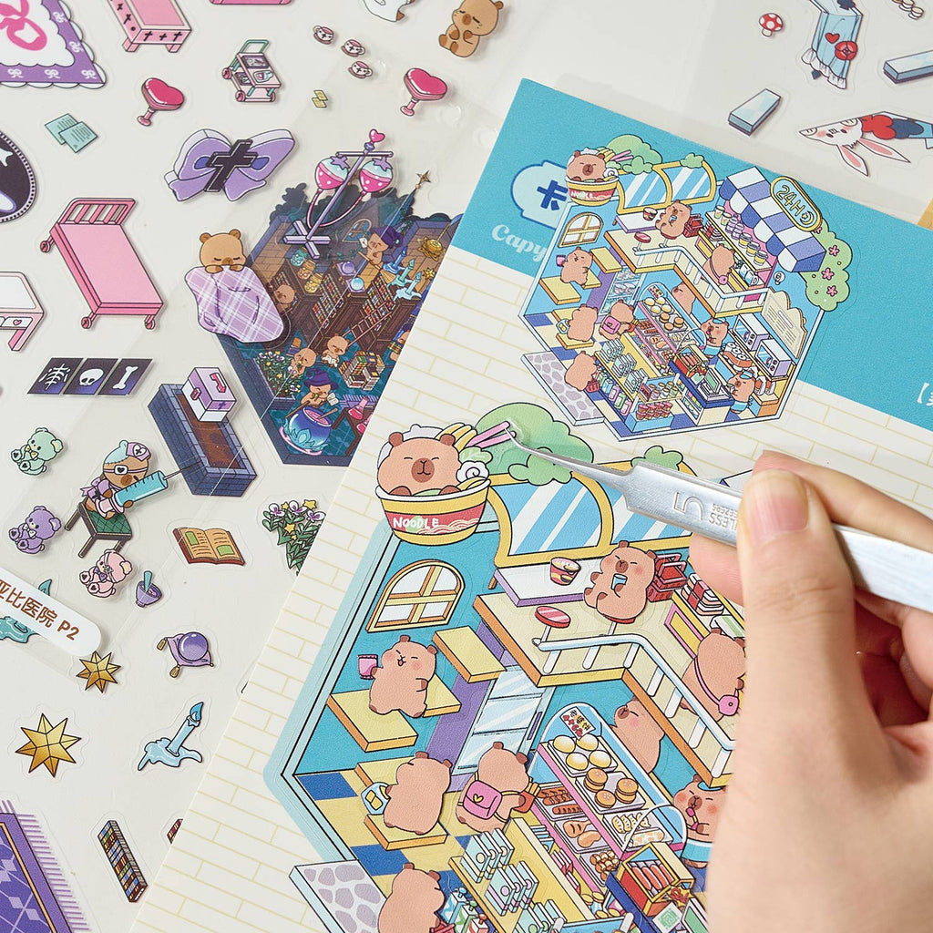【 Super Popular 】 1 book of Capibala town miniature scene manual account creation stickers, children's puzzle stickers, various construction scenes, 58 pages/book. 3D cartoon house DIY landscape decoration sticker book