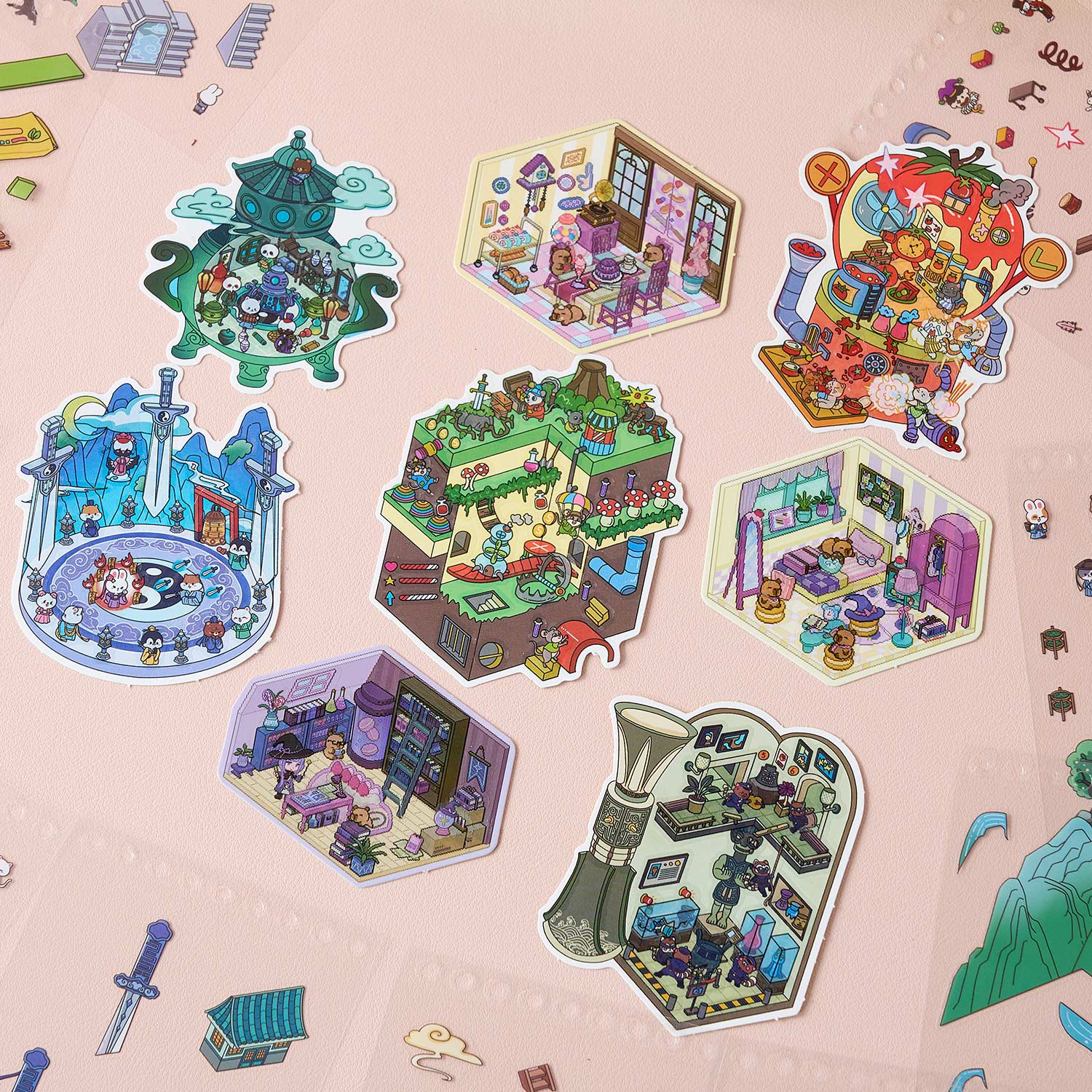 One set of mini series cute animals (Animal Adventure town + animal shooter Series) reduction scene pocketbook seal, child care seal, various construction scenes, 26 sheets, 8 series series / books. 3 d A three-dimensional cartoon shed diy Decorative book