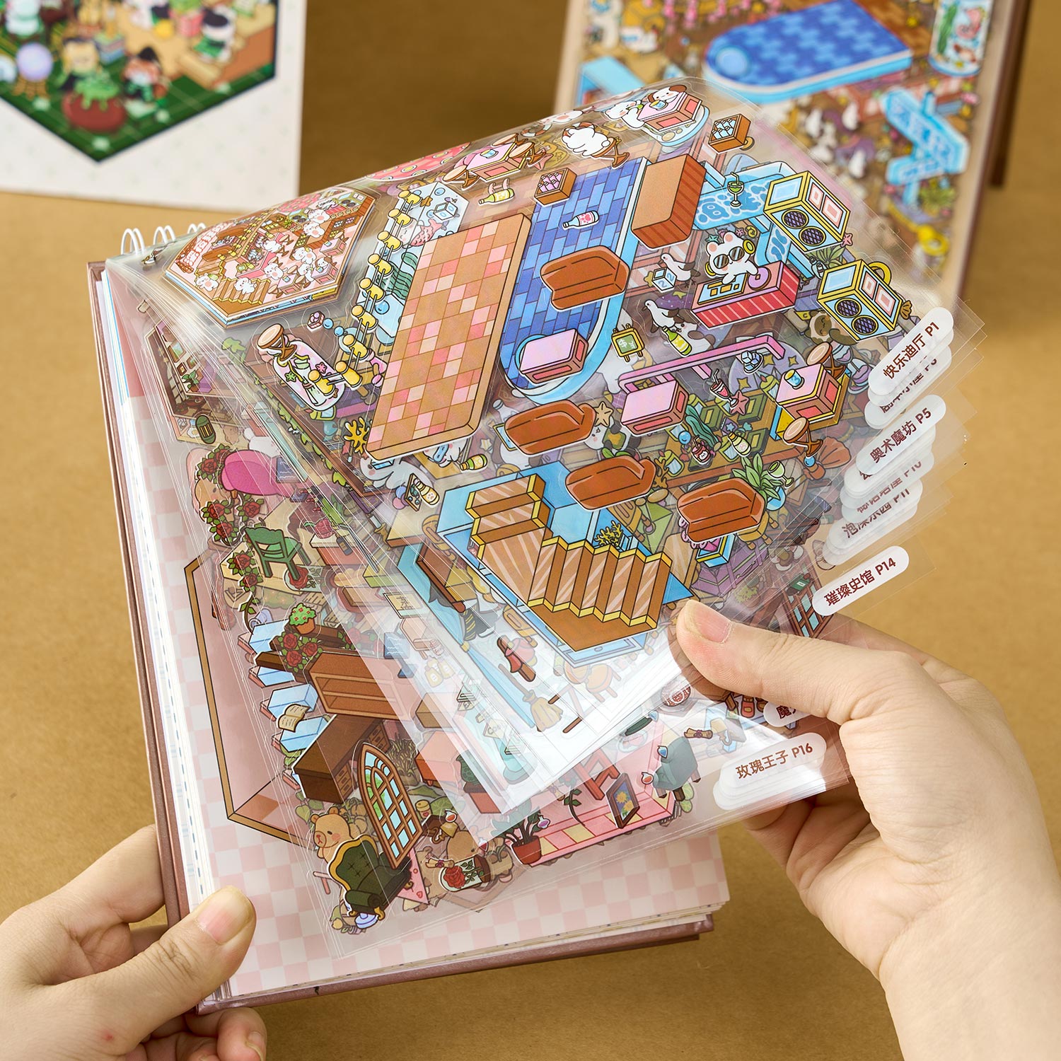 The town of the dream town is a shrinking scene of the town. The seal seal for children is a diverse construction scene D A three-dimensional cartoon shed DIY Decorative book