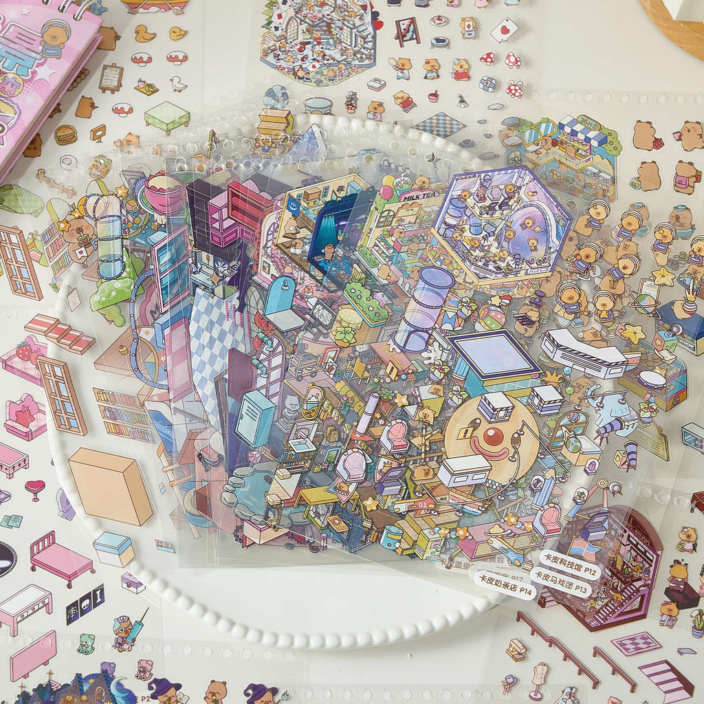 【 Super Popular 】 1 book of Capibala town miniature scene manual account creation stickers, children's puzzle stickers, various construction scenes, 58 pages/book. 3D cartoon house DIY landscape decoration sticker book