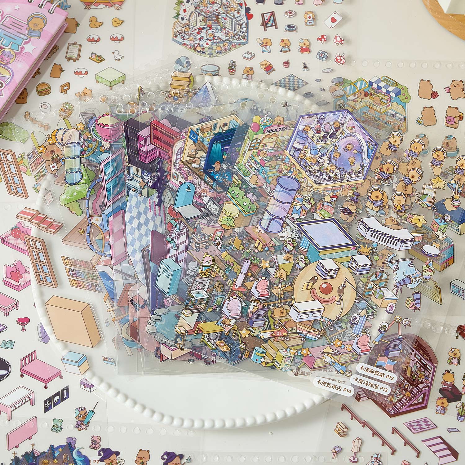 【 Super Popular 】 1 book of Capibala town miniature scene manual account creation stickers, children's puzzle stickers, various construction scenes, 58 pages/book. 3D cartoon house DIY landscape decoration sticker book