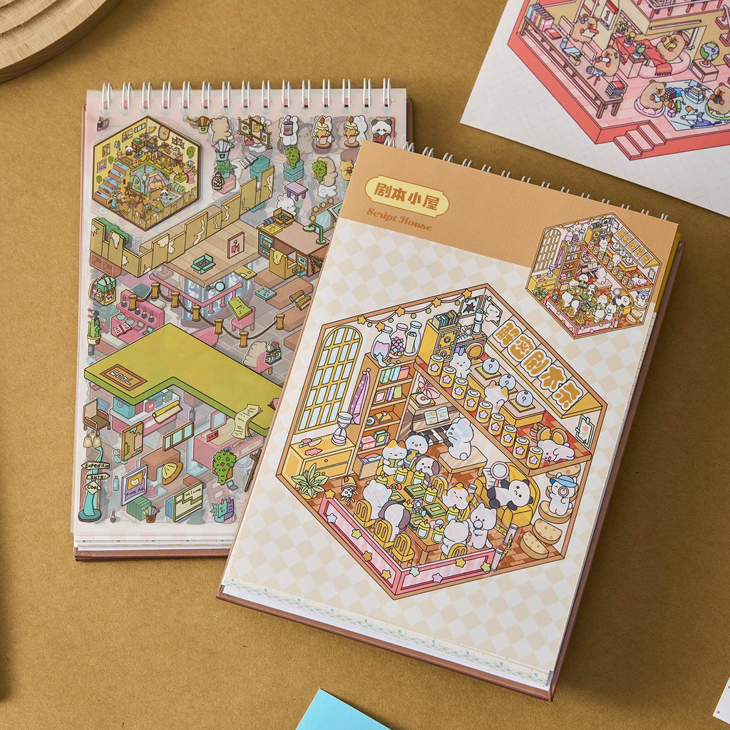 The town of the dream town is a shrinking scene of the town. The seal seal for children is a diverse construction scene D A three-dimensional cartoon shed DIY Decorative book