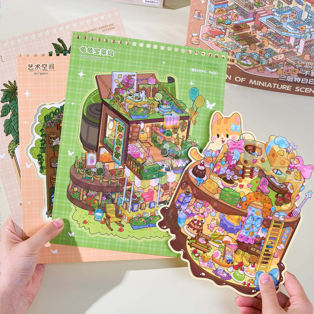 It is a Book of the reduced scene of the strange town. 6 different theme scenes. Can be used for glass metal cup body seal. 3 d Solid diy Decorative book