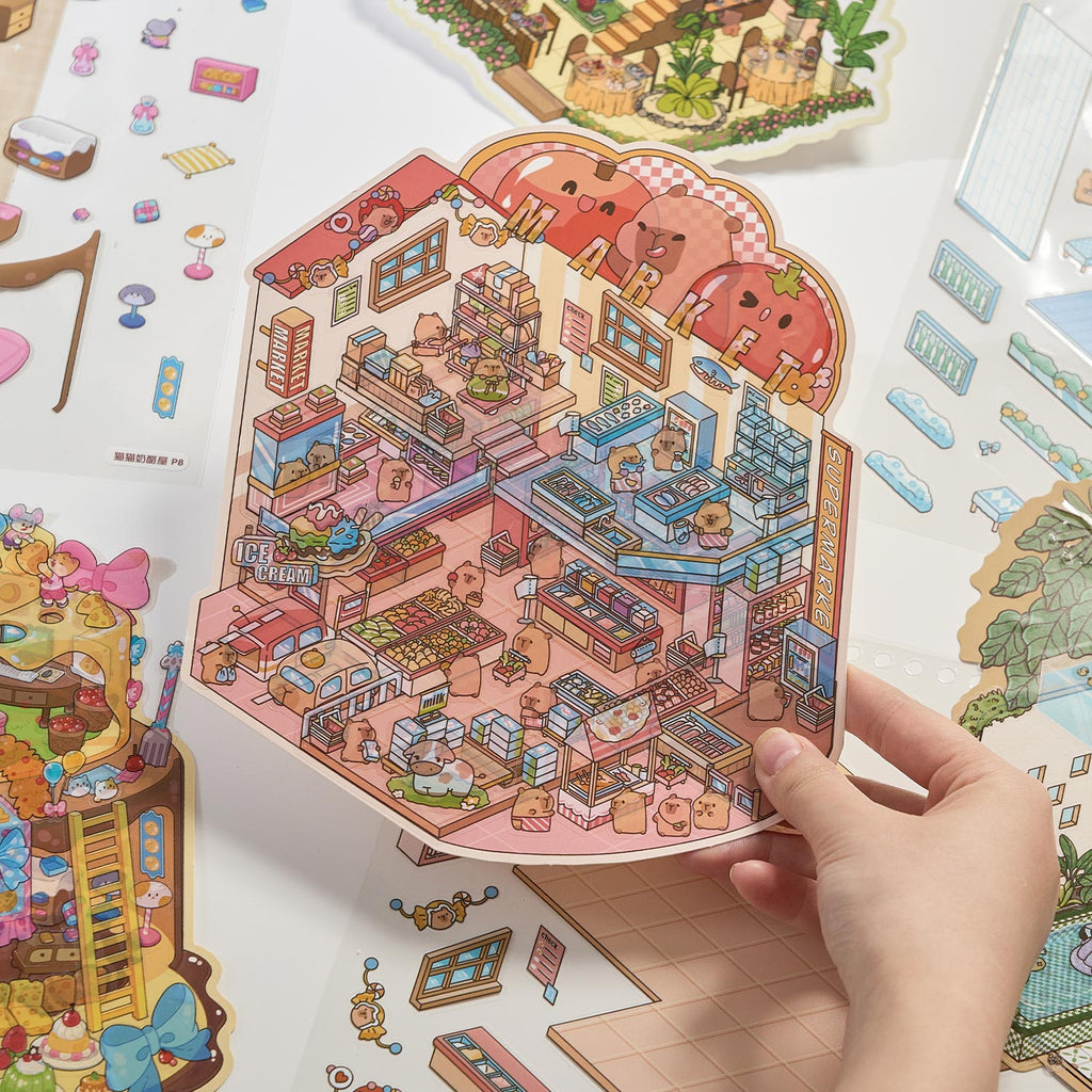 It is a Book of the reduced scene of the strange town. 6 different theme scenes. Can be used for glass metal cup body seal. 3 d Solid diy Decorative book