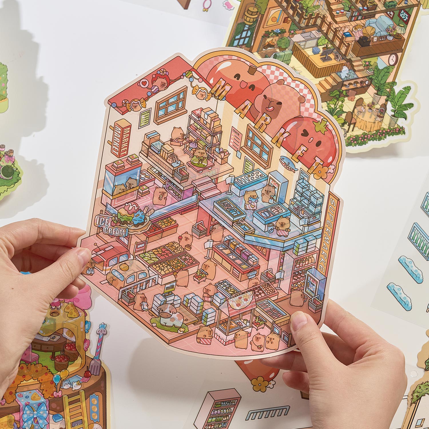 It is a Book of the reduced scene of the strange town. 6 different theme scenes. Can be used for glass metal cup body seal. 3 d Solid diy Decorative book