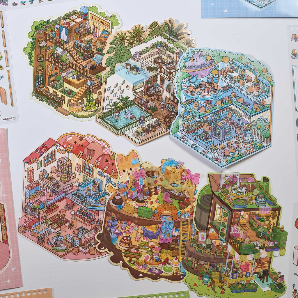 It is a Book of the reduced scene of the strange town. 6 different theme scenes. Can be used for glass metal cup body seal. 3 d Solid diy Decorative book