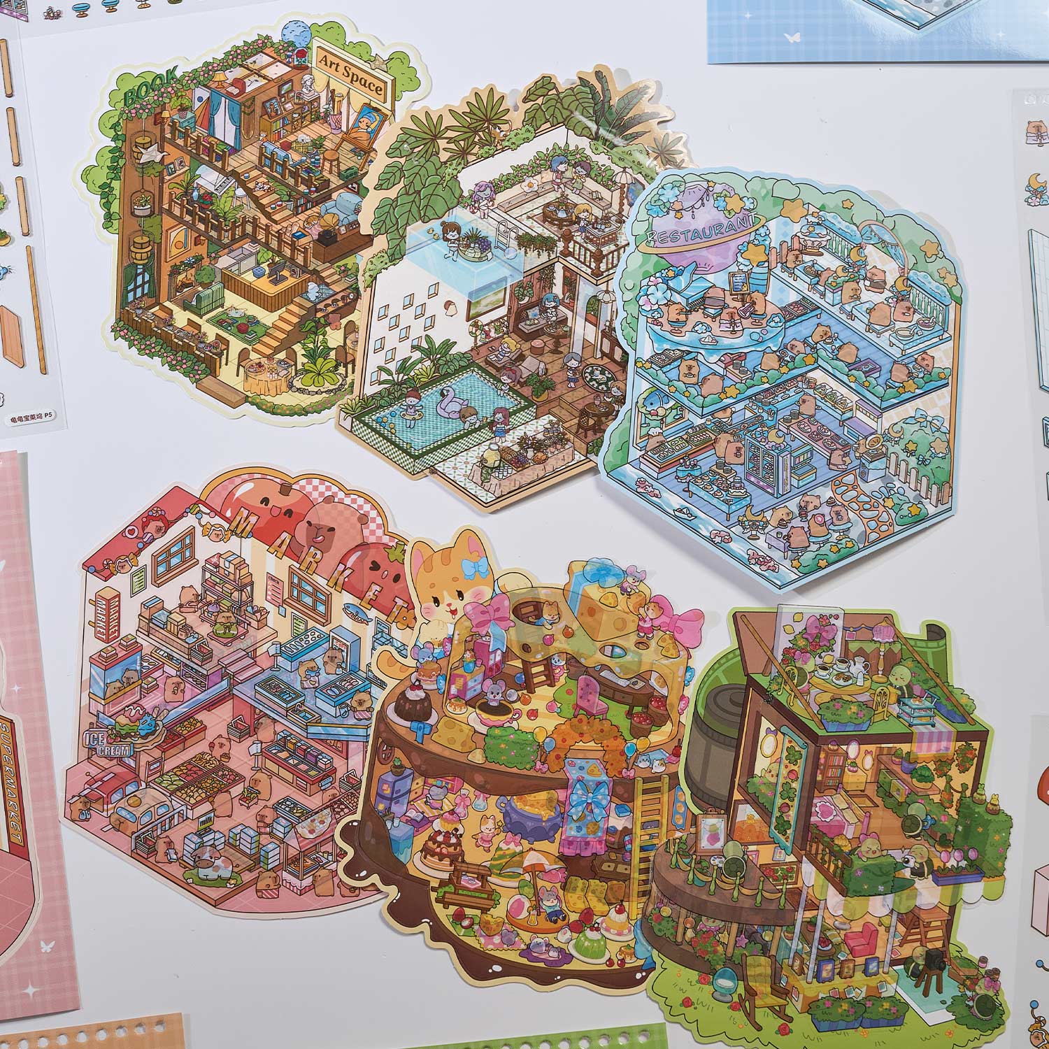 It is a Book of the reduced scene of the strange town. 6 different theme scenes. Can be used for glass metal cup body seal. 3 d Solid diy Decorative book