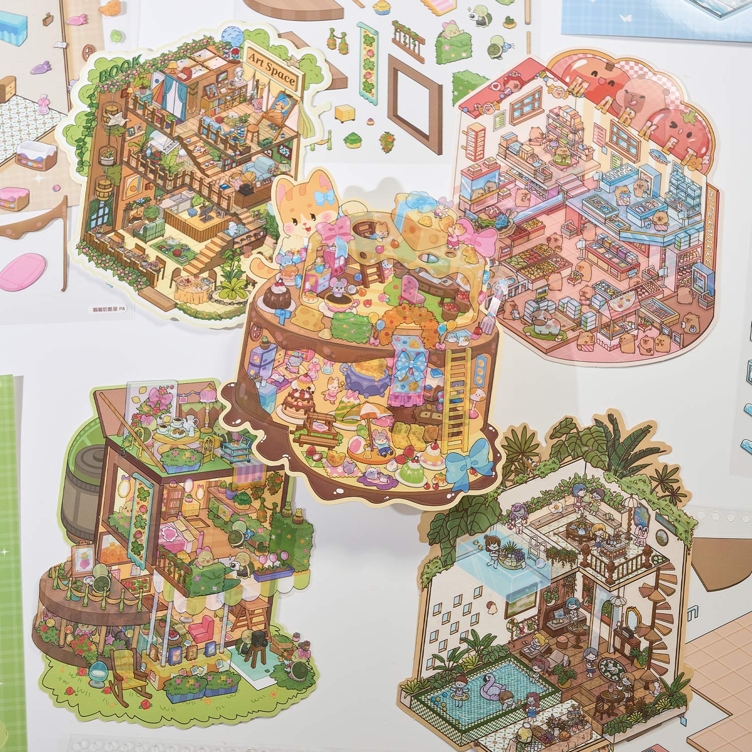 It is a Book of the reduced scene of the strange town. 6 different theme scenes. Can be used for glass metal cup body seal. 3 d Solid diy Decorative book