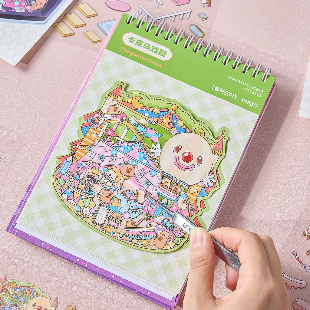 【 Super Popular 】 1 book of Capibala town miniature scene manual account creation stickers, children's puzzle stickers, various construction scenes, 58 pages/book. 3D cartoon house DIY landscape decoration sticker book