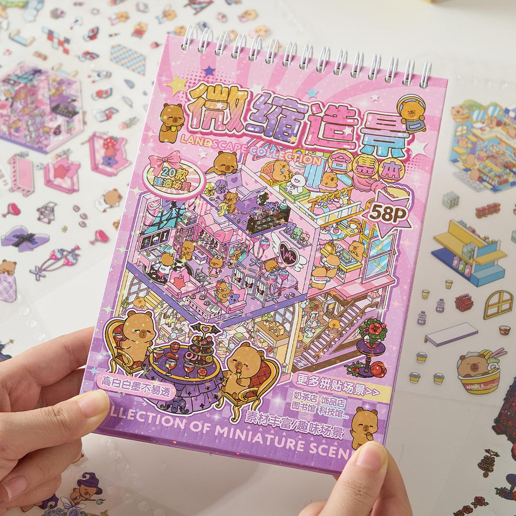 【 Super Popular 】 1 book of Capibala town miniature scene manual account creation stickers, children's puzzle stickers, various construction scenes, 58 pages/book. 3D cartoon house DIY landscape decoration sticker book