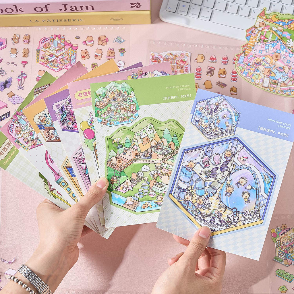 【 Super Popular 】 1 book of Capibala town miniature scene manual account creation stickers, children's puzzle stickers, various construction scenes, 58 pages/book. 3D cartoon house DIY landscape decoration sticker book