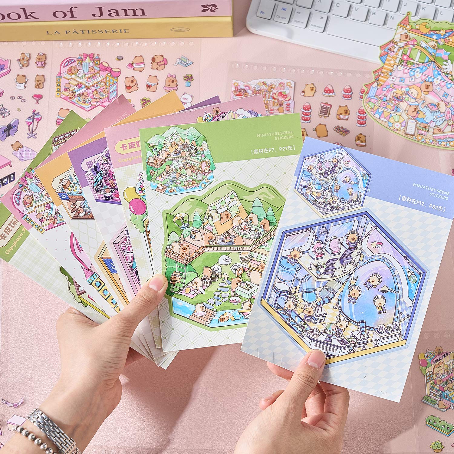 【 Super Popular 】 1 book of Capibala town miniature scene manual account creation stickers, children's puzzle stickers, various construction scenes, 58 pages/book. 3D cartoon house DIY landscape decoration sticker book