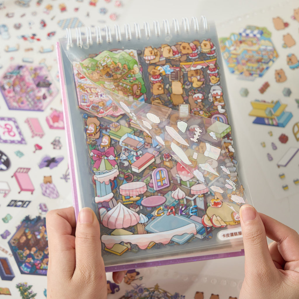 【 Super Popular 】 1 book of Capibala town miniature scene manual account creation stickers, children's puzzle stickers, various construction scenes, 58 pages/book. 3D cartoon house DIY landscape decoration sticker book