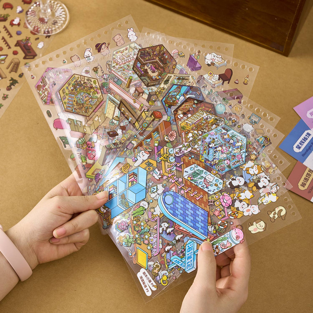 The town of the dream town is a shrinking scene of the town. The seal seal for children is a diverse construction scene D A three-dimensional cartoon shed DIY Decorative book