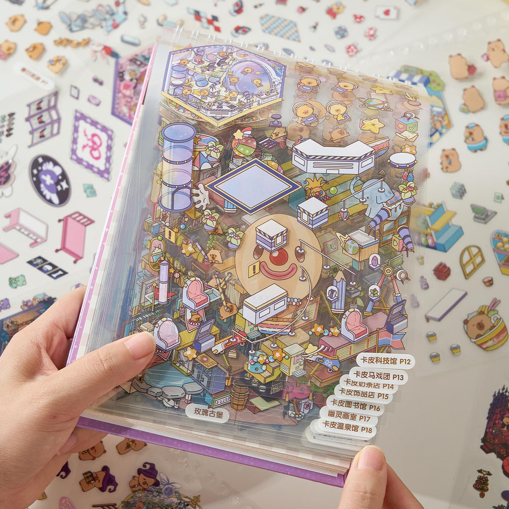 【 Super Popular 】 1 book of Capibala town miniature scene manual account creation stickers, children's puzzle stickers, various construction scenes, 58 pages/book. 3D cartoon house DIY landscape decoration sticker book