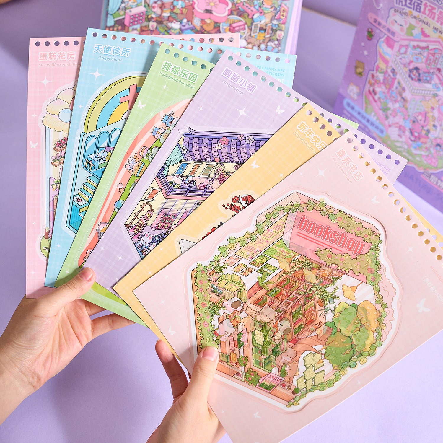 【 Super Popular 】 1 Yoyo Town Miniature Scene Manual Creation Stickers, Children's Puzzle Stickers, Essential Tool for Adults to Relieve Stress, 8 Theme Construction Scenes. 3D cartoon house DIY landscape decoration sticker book