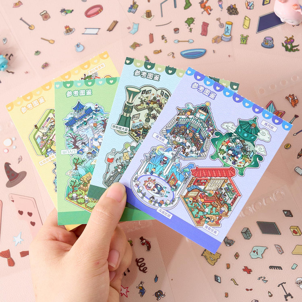 One set of mini series cute animals (Animal Adventure town + animal shooter Series) reduction scene pocketbook seal, child care seal, various construction scenes, 26 sheets, 8 series series / books. 3 d A three-dimensional cartoon shed diy Decorative book