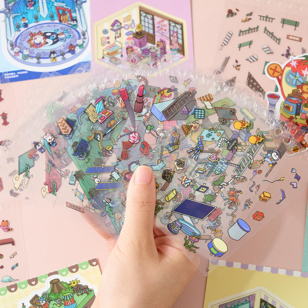One set of mini series cute animals (Animal Adventure town + animal shooter Series) reduction scene pocketbook seal, child care seal, various construction scenes, 26 sheets, 8 series series / books. 3 d A three-dimensional cartoon shed diy Decorative book
